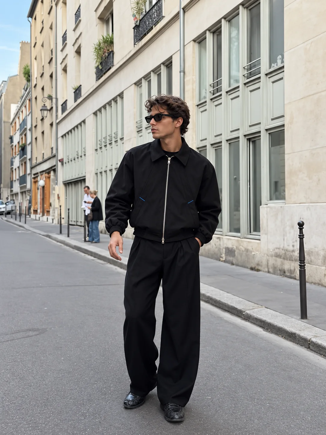 Street-style front view of the black side of the reversible jacket